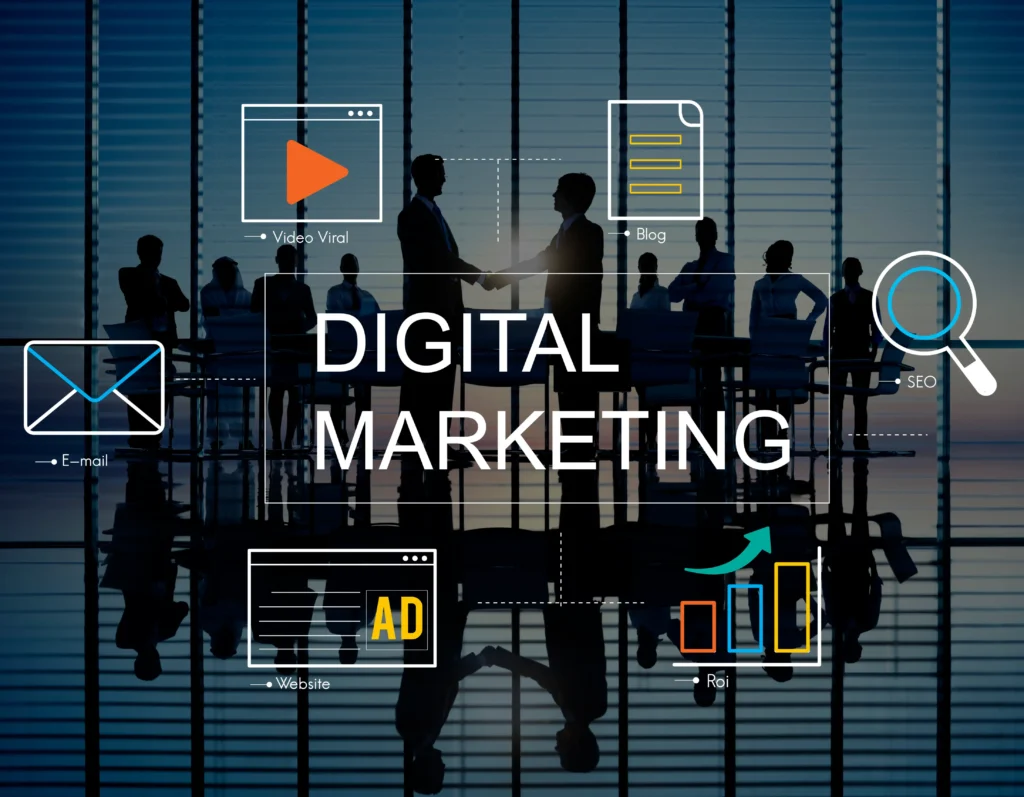 Infographic illustrating the importance of digital marketing, featuring icons for SEO, ROI, social media, and website optimization with business professionals shaking hands