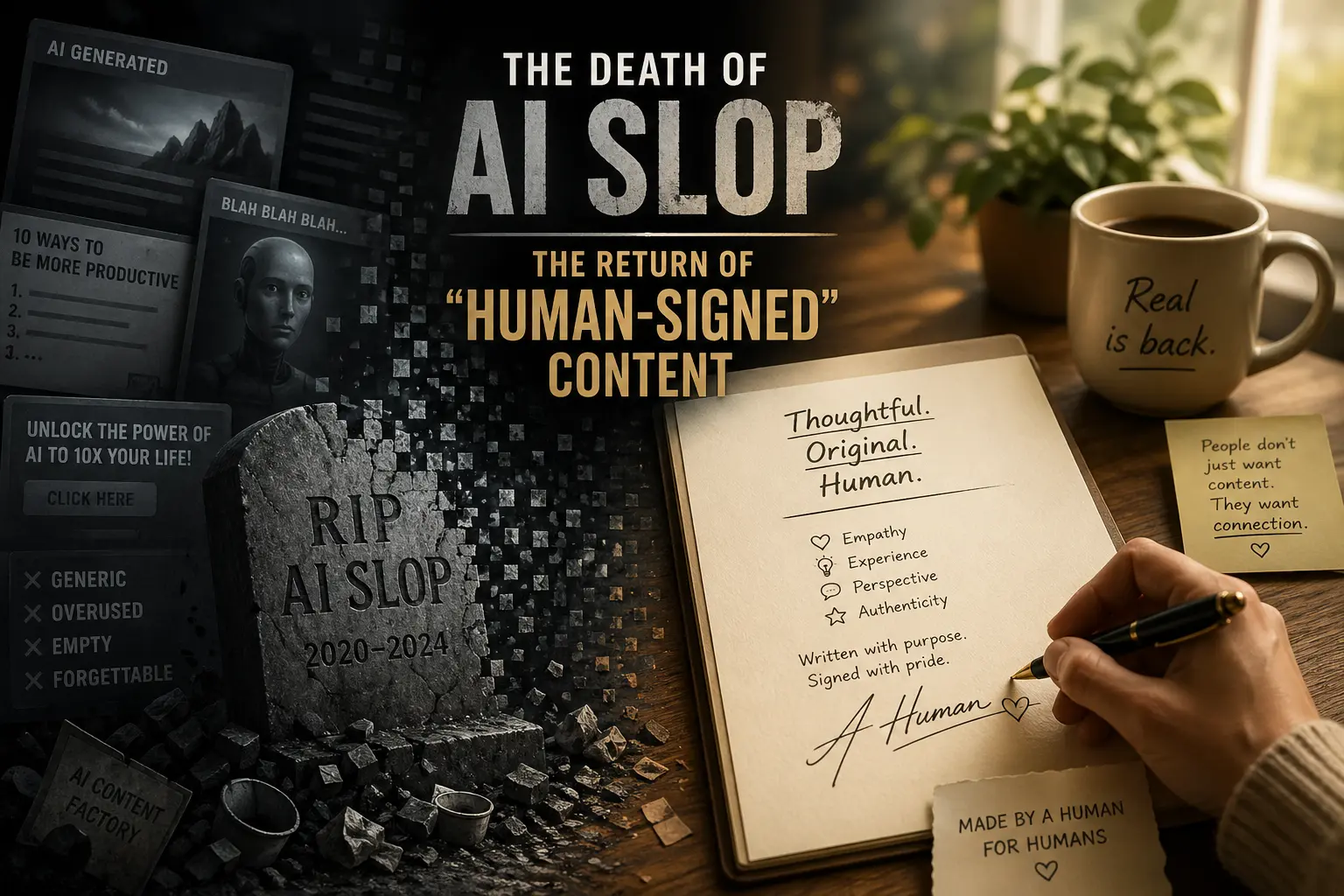 The death of AI-generated content and the rise of human-signed authentic content illustrated with contrast between artificial and human creativity