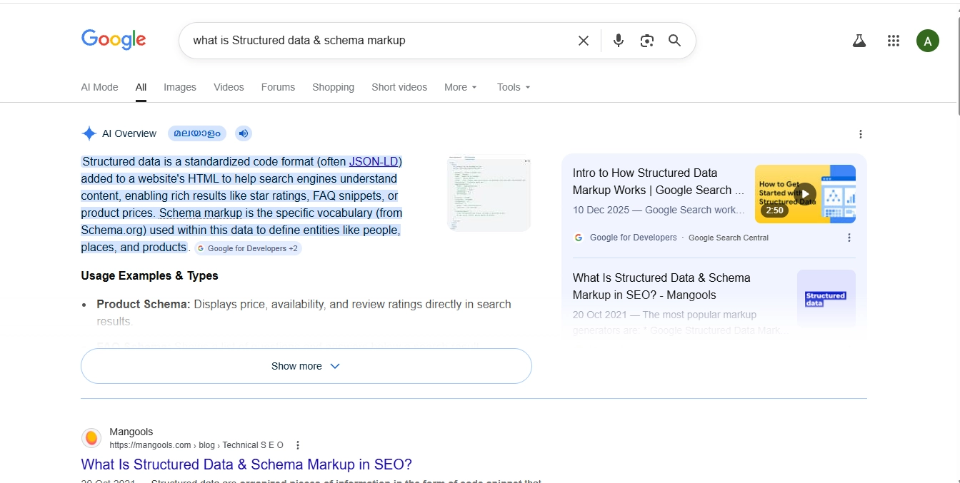 A screenshot of a Google search results page (SERP) illustrating 'What is AI Overview on Google,' featuring a highlighted generative summary for the query about Structured Data