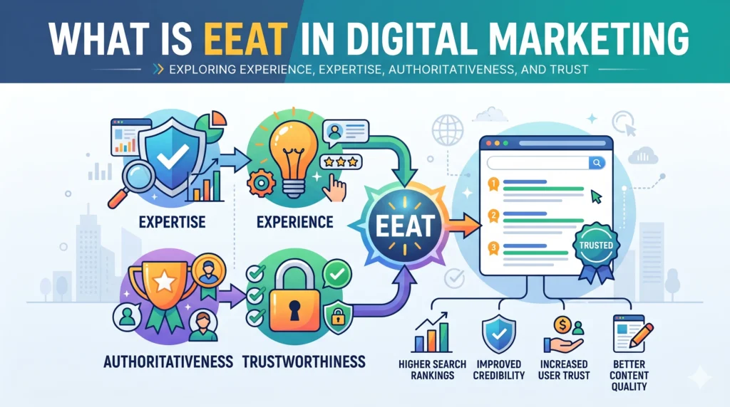 A digital marketing infographic titled "What is E-E-A-T in Digital Marketing?" featuring a diagram that breaks down the concepts of Experience, Expertise, Authoritativeness, and Trustworthiness, with arrows pointing toward a high-ranking search engine results page.
