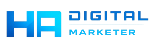 Premium minimalist logo for freelance digital marketer in Kochi featuring a futuristic blue gradient “HA” monogram with sleek modern typography and subtle glowing digital branding style.