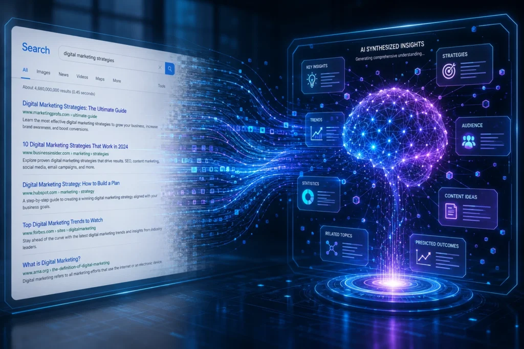 Generative engine optimization strategies illustrated through a futuristic interface showing the transformation from traditional search results to an AI-powered knowledge network with connected data nodes.
